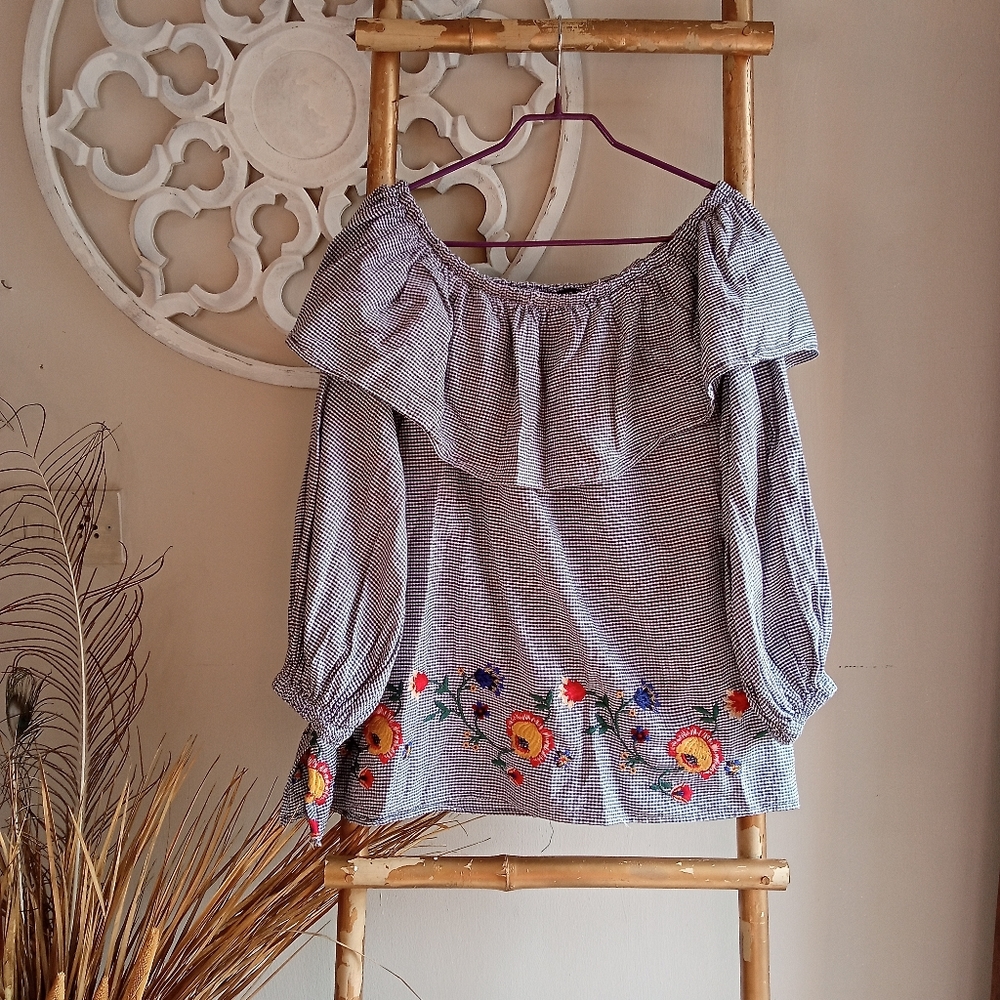 Zara Floral Navy and White Embroidered Top - Picture 5 of 16